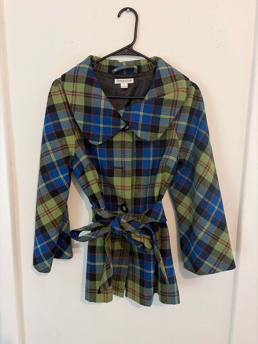 Pendleton Plaid Wool Belted Short Coat with Peter Pan Collar